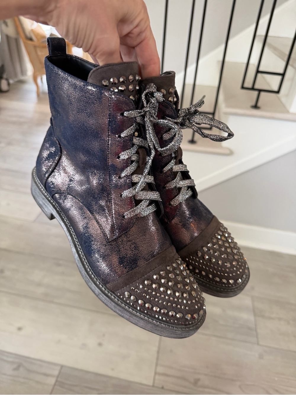 Studded Metallic Lace-Up Ankle Boots - Navy/Brown